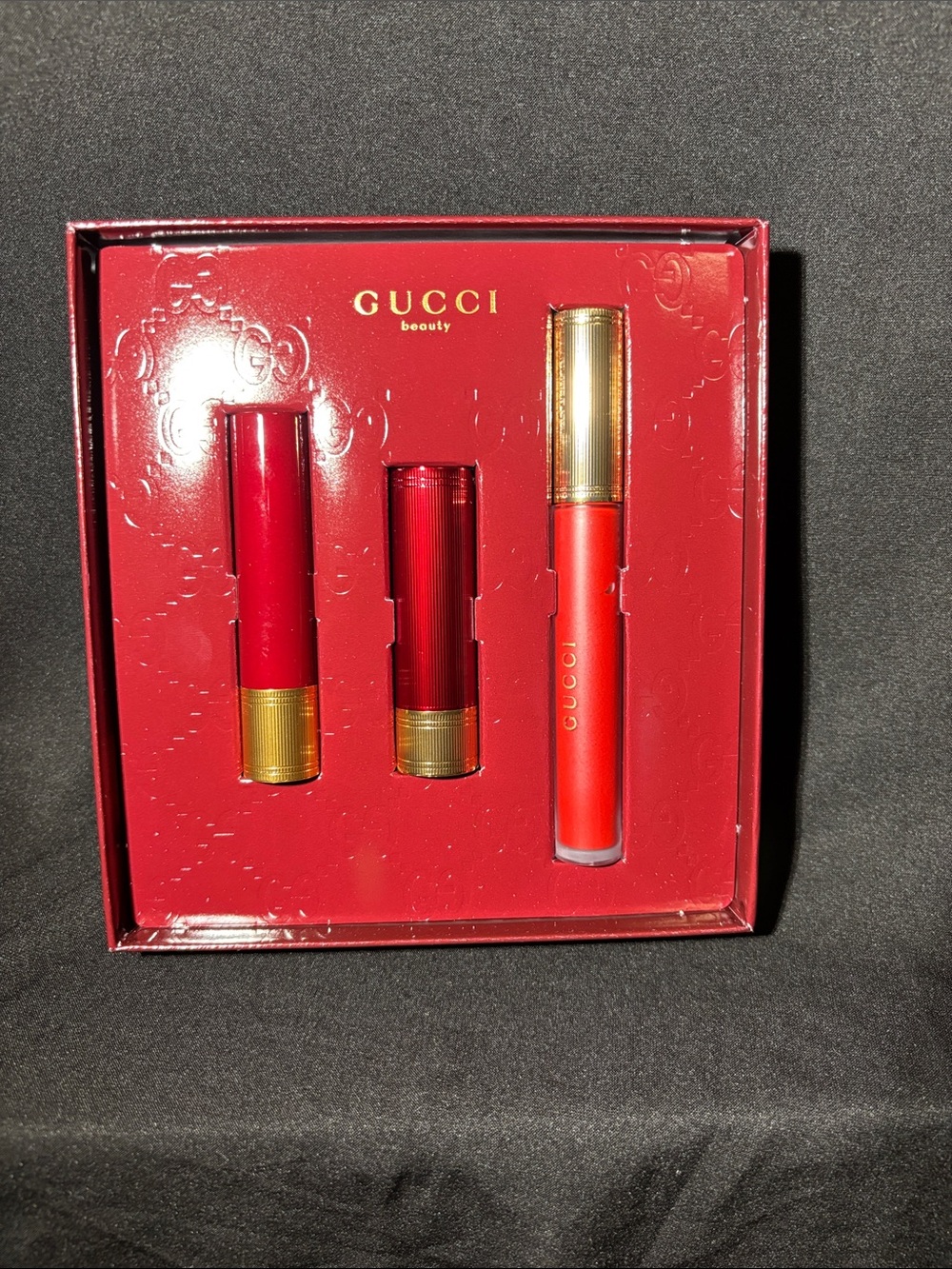 Gucci Red Lipstick & Gloss Trio with Gold Accents